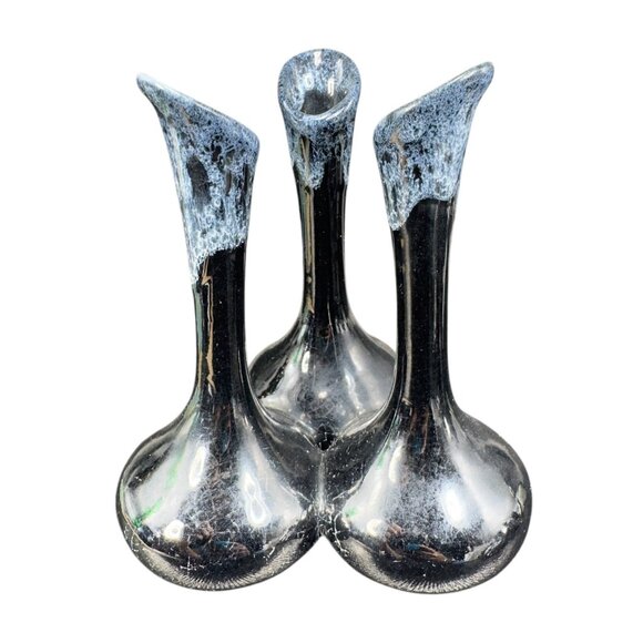 Van Briggle Art Pottery Triple Bud Vase Attached Signed Black Crackled Glaze VTG - Picture 1 of 11